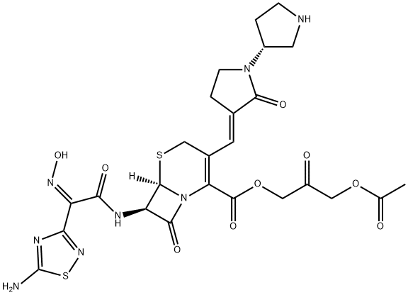 5-Thia-1-azabicyclo[4.2.0]oct-2-ene-2-carboxylic acid, 7-[[(2Z)-2-(5-amino-1,2,4-thiadiazol-3-yl)-2-(hydroxyimino)acetyl]amino]-8-oxo-3-[(E)-[(3'R)-2-oxo[1,3'-bipyrrolidin]-3-ylidene]methyl]-, 3-(acetyloxy)-2-oxopropyl ester, (6R,7R)- Struktur