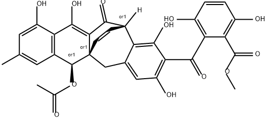 Benzoic acid, 2-[[(5aR,6S,13S)-6-(acetyloxy)-5,6,12,13-tetrahydro-1,3,10,11-tetrahydroxy-8-methyl-12-oxo-5a,13-etheno-5aH-benzo[4,5]cyclohepta[1,2-b]naphthalen-2-yl]carbonyl]-3,6-dihydroxy-, methyl ester, rel- Struktur