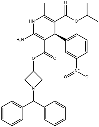 3,5-Pyridinedicarboxylic acid, 2-amino-1,4-dihydro-6-methyl-4-(3-nitrophenyl)-, 3-[1-(diphenylmethyl)-3-azetidinyl] 5-(1-methylethyl) ester, (4R)- Struktur