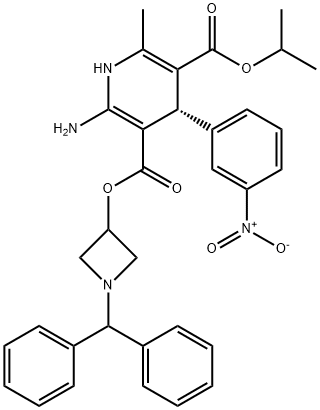 3,5-Pyridinedicarboxylic acid, 2-amino-1,4-dihydro-6-methyl-4-(3-nitrophenyl)-, 3-[1-(diphenylmethyl)-3-azetidinyl] 5-(1-methylethyl) ester, (4S)- Struktur