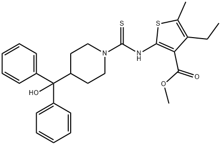 methyl 4-ethyl-2-(4-(hydroxydiphenylmethyl)piperidine-1-carbothioamido)-5-methylthiophene-3-carboxylate Struktur