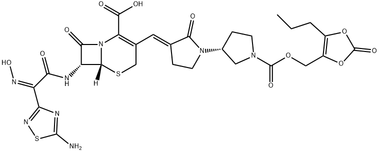 5-Thia-1-azabicyclo[4.2.0]oct-2-ene-2-carboxylic acid, 7-[[(2Z)-2-(5-amino-1,2,4-thiadiazol-3-yl)-2-(hydroxyimino)acetyl]amino]-8-oxo-3-[(E)-[(3'R)-2-oxo-1'-[[(2-oxo-5-propyl-1,3-dioxol-4-yl)methoxy]carbonyl][1,3'-bipyrrolidin]-3-ylidene]methyl]-, (6R,7R)- Struktur