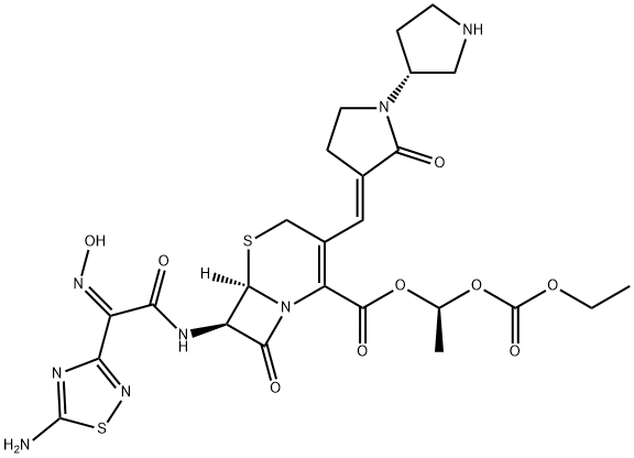 5-Thia-1-azabicyclo[4.2.0]oct-2-ene-2-carboxylic acid, 7-[[(2Z)-2-(5-amino-1,2,4-thiadiazol-3-yl)-2-(hydroxyimino)acetyl]amino]-8-oxo-3-[(E)-[(3'R)-2-oxo[1,3'-bipyrrolidin]-3-ylidene]methyl]-, (1S)-1-[(ethoxycarbonyl)oxy]ethyl ester, (6R,7R)- Struktur