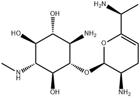 1-Amino-2-O-[(2S)-3α-amino-6-[(S)-1-aminoethyl]-3,4-dihydro-2H-pyran-2α-yl]-1,4-dideoxy-4-(methylamino)-D-scyllo-inositol Struktur