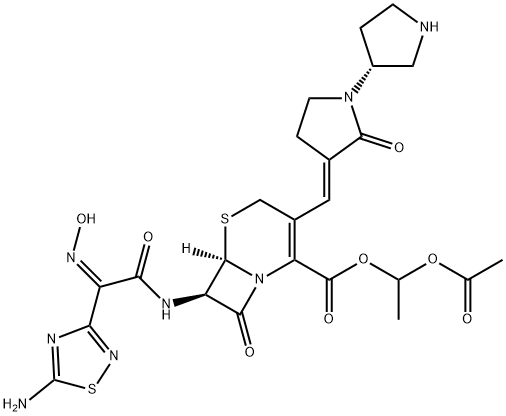 5-Thia-1-azabicyclo[4.2.0]oct-2-ene-2-carboxylic acid, 7-[[(2Z)-2-(5-amino-1,2,4-thiadiazol-3-yl)-2-(hydroxyimino)acetyl]amino]-8-oxo-3-[(E)-[(3'R)-2-oxo[1,3'-bipyrrolidin]-3-ylidene]methyl]-, 1-(acetyloxy)ethyl ester, (6R,7R)- Struktur