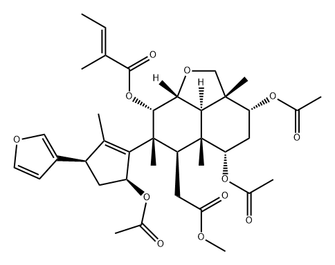 2H-Naphtho[1,8-bc]furan-6-acetic acid, 3,5-bis(acetyloxy)-7-[(3R,5S)-5-(acetyloxy)-3-(3-furanyl)-2-methyl-1-cyclopenten-1-yl]decahydro-2a,5a,7-trimethyl-8-[[(2E)-2-methyl-1-oxo-2-buten-1-yl]oxy]-, methyl ester, (2aR,3R,5S,5aR,6R,7R,8S,8aR,8bR)- Struktur