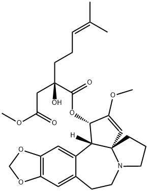 Butanedioic acid, 2-hydroxy-2-(4-methyl-3-penten-1-yl)-, 1-[(1S,3aR,14bS)-1,5,6,8,9,14b-hexahydro-2-methoxy-4H-cyclopenta[a][1,3]dioxolo[4,5-h]pyrrolo[2,1-b][3]benzazepin-1-yl] 4-methyl ester, (2R)- Struktur