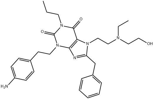 1H-Purine-2,6-dione, 3-[2-(4-aminophenyl)ethyl]-7-[2-[ethyl(2-hydroxyethyl)amino]ethyl]-3,7-dihydro-8-(phenylmethyl)-1-propyl- Struktur