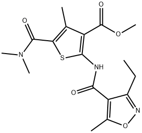 methyl 5-(dimethylcarbamoyl)-2-(3-ethyl-5-methylisoxazole-4-carboxamido)-4-methylthiophene-3-carboxylate Struktur