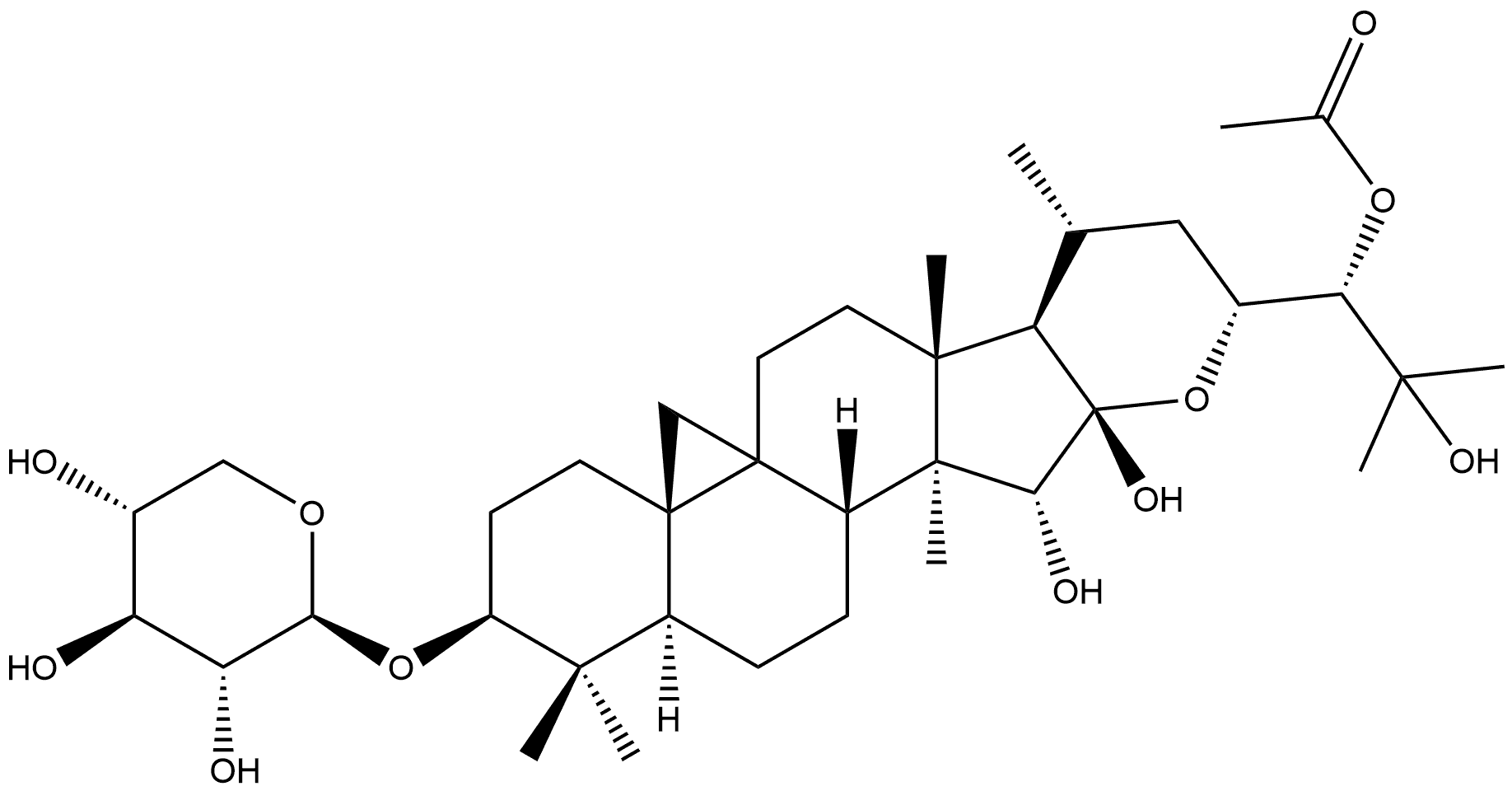 9,19-Cyclolanostane-15,16,24,25-tetrol, 16,23-epoxy-3-(β-D-xylopyranosyloxy)-, 24-acetate, (3β,15α,16β,23R,24S)- Struktur