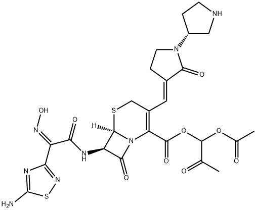 5-Thia-1-azabicyclo[4.2.0]oct-2-ene-2-carboxylic acid, 7-[[(2Z)-2-(5-amino-1,2,4-thiadiazol-3-yl)-2-(hydroxyimino)acetyl]amino]-8-oxo-3-[(E)-[(3'R)-2-oxo[1,3'-bipyrrolidin]-3-ylidene]methyl]-, 1-(acetyloxy)-2-oxopropyl ester, (6R,7R)- Struktur