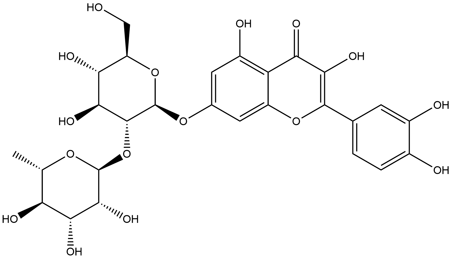 4H-1-Benzopyran-4-one, 7-[[2-O-(6-deoxy-α-L-mannopyranosyl)-β-D-glucopyranosyl]oxy]-2-(3,4-dihydroxyphenyl)-3,5-dihydroxy- Struktur