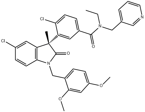 Benzamide, 4-chloro-3-[(3R)-5-chloro-1-[(2,4-dimethoxyphenyl)methyl]-2,3-dihydro-3-methyl-2-oxo-1H-indol-3-yl]-N-ethyl-N-(3-pyridinylmethyl)- Struktur