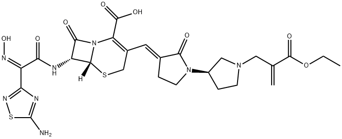 5-Thia-1-azabicyclo[4.2.0]oct-2-ene-2-carboxylic acid, 7-[[(2Z)-2-(5-amino-1,2,4-thiadiazol-3-yl)-2-(hydroxyimino)acetyl]amino]-3-[(E)-[(3'R)-1'-[2-(ethoxycarbonyl)-2-propen-1-yl]-2-oxo[1,3'-bipyrrolidin]-3-ylidene]methyl]-8-oxo-, (6R,7R)- Struktur