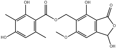 Benzoic acid, 2,4-dihydroxy-3,6-dimethyl-, (1,3-dihydro-1,4-dihydroxy-6-methoxy-3-oxo-5-isobenzofuranyl)methyl ester (9CI) Struktur