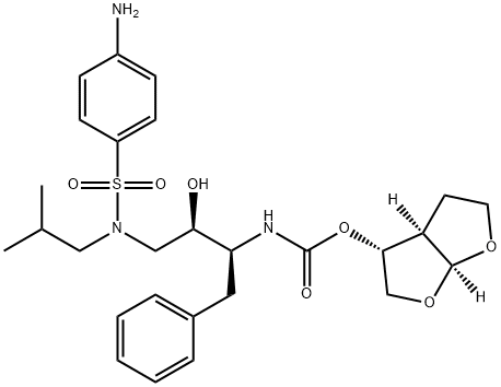 Carbamic acid, N-[(1S,2R)-3-[[(4-aminophenyl)sulfonyl](2-methylpropyl)amino]-2-hydroxy-1-(phenylmethyl)propyl]-, (3R,3aR,6aS)-hexahydrofuro[2,3-b]furan-3-yl ester Structure