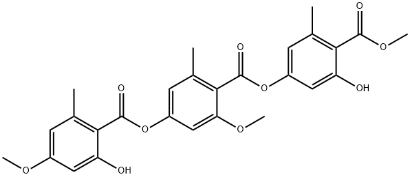 Benzoic acid, 4-[(2-hydroxy-4-methoxy-6-methylbenzoyl)oxy]-2-methoxy-6-methyl-, 3-hydroxy-4-(methoxycarbonyl)-5-methylphenyl ester Struktur