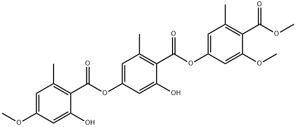 Benzoic acid, 2-hydroxy-4-[(2-hydroxy-4-methoxy-6-methylbenzoyl)oxy]-6-methyl-, 3-methoxy-4-(methoxycarbonyl)-5-methylphenyl ester Struktur