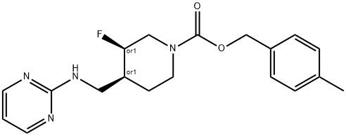 1-Piperidinecarboxylic acid, 3-fluoro-4-[(2-pyrimidinylamino)methyl]-, (4-methylphenyl)methyl ester, (3R,4S)-rel- Struktur