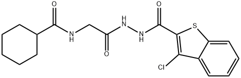 N-(2-{2-[(3-chloro-1-benzothien-2-yl)carbonyl]hydrazino}-2-oxoethyl)cyclohexanecarboxamide (non-preferred name) Struktur