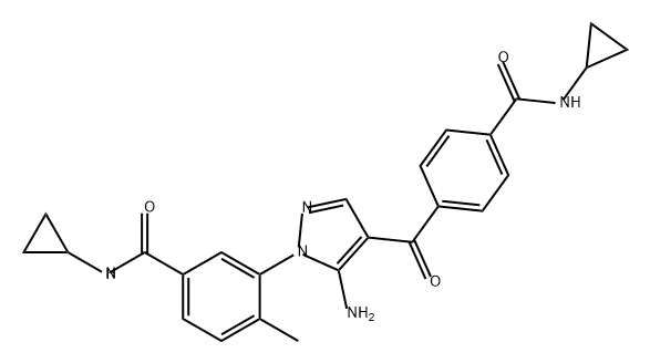 Benzamide, 3-[5-amino-4-[4-[(cyclopropylamino)carbonyl]benzoyl]-1H-pyrazol-1-yl]-N-cyclopropyl-4-methyl- Struktur