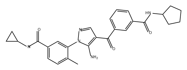 Benzamide, 3-[5-amino-4-[3-[(cyclopentylamino)carbonyl]benzoyl]-1H-pyrazol-1-yl]-N-cyclopropyl-4-methyl- Struktur