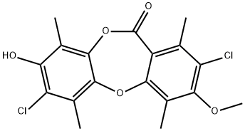 11H-Dibenzo[b,e][1,4]dioxepin-11-one, 2,7-dichloro-8-hydroxy-3-methoxy-1,4,6,9-tetramethyl- Struktur