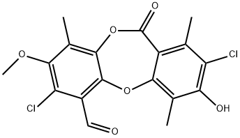 11H-Dibenzo[b,e][1,4]dioxepin-6-carboxaldehyde, 2,7-dichloro-3-hydroxy-8-methoxy-1,4,9-trimethyl-11-oxo- Struktur