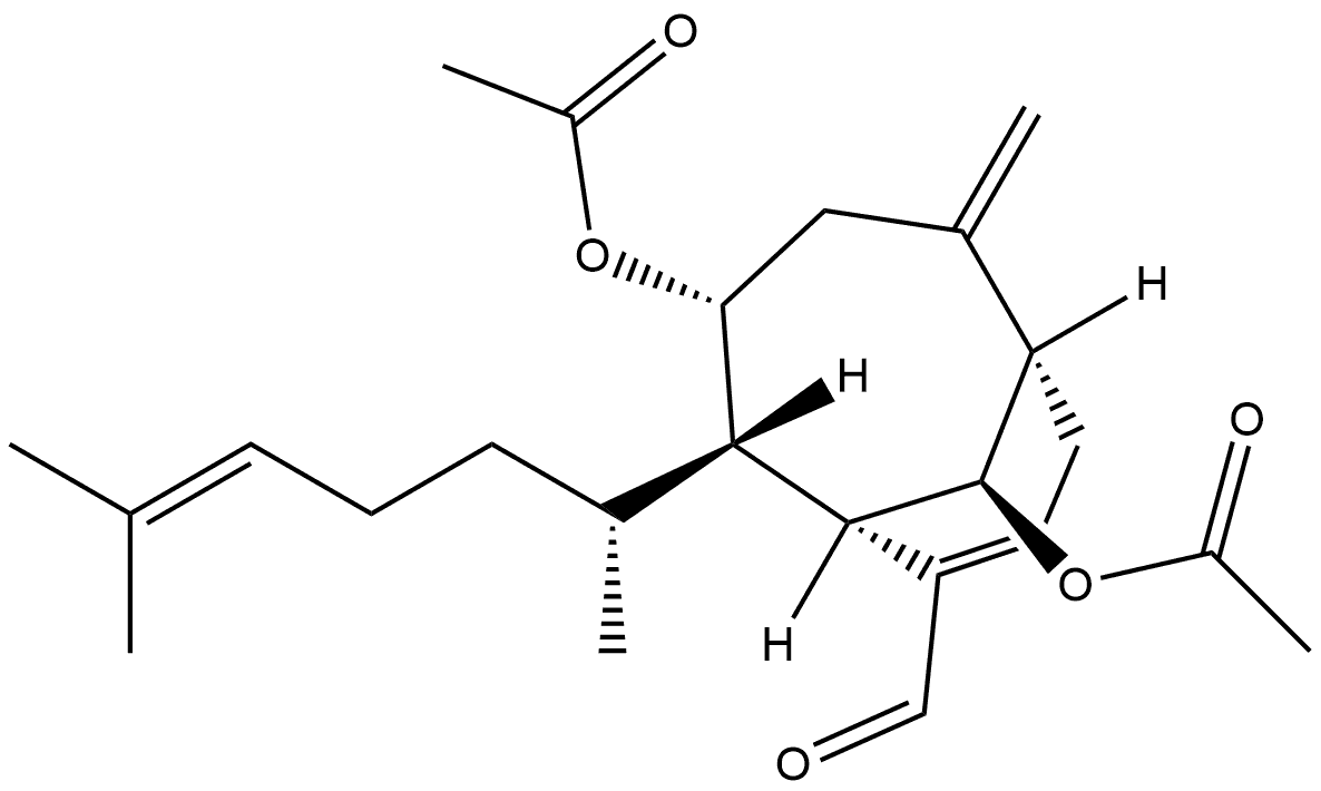 (1R,6R,10S)-4α,10-Bis(acetyloxy)-5α-[(S)-1,5-dimethyl-4-hexenyl]-2-methylenebicyclo[4.3.1]dec-7-ene-7-carbaldehyde Struktur