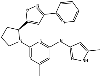 4-Pyrimidinamine, 6-methyl-N-(5-methyl-1H-pyrazol-3-yl)-2-[(2S)-2-[3-(2-pyridinyl)-5-isoxazolyl]-1-pyrrolidinyl]- Struktur