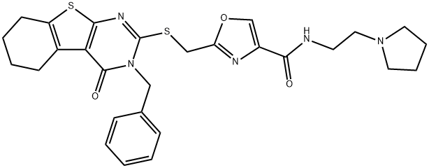 4-Oxazolecarboxamide, 2-[[[3,4,5,6,7,8-hexahydro-4-oxo-3-(phenylmethyl)[1]benzothieno[2,3-d]pyrimidin-2-yl]thio]methyl]-N-[2-(1-pyrrolidinyl)ethyl]- Struktur