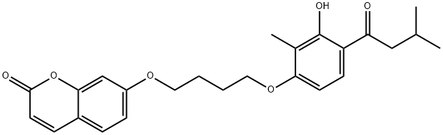 2H-1-Benzopyran-2-one, 7-[4-[3-hydroxy-2-methyl-4-(3-methyl-1-oxobutyl)phenoxy]butoxy]- Struktur