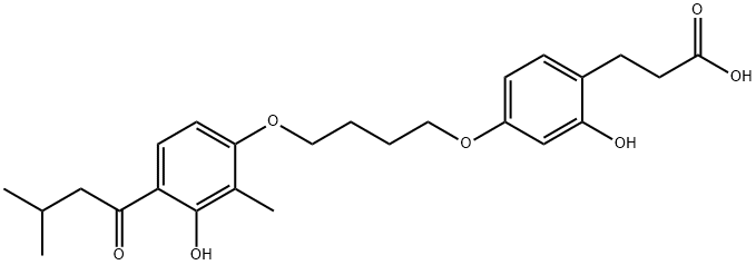 Benzenepropanoic acid, 2-hydroxy-4-[4-[3-hydroxy-2-methyl-4-(3-methyl-1-oxobutyl)phenoxy]butoxy]- Struktur