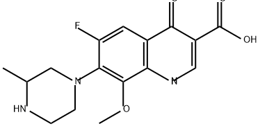 3-Quinolinecarboxylic acid, 6-fluoro-1,4-dihydro-8-methoxy-7-(3-methyl-1-piperazinyl)-4-oxo- Struktur