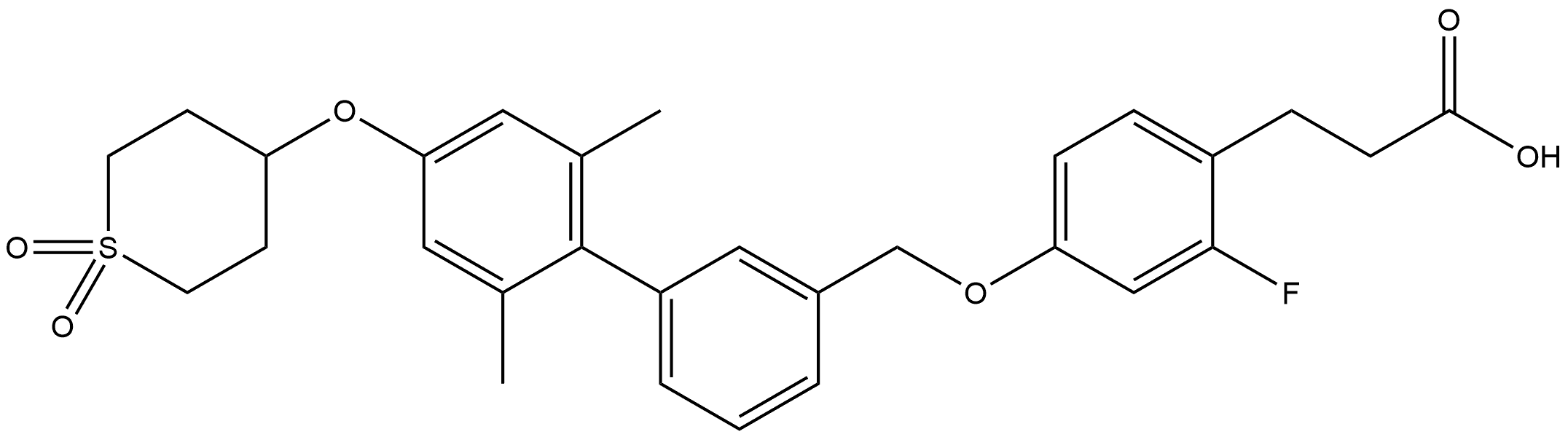 Benzenepropanoic acid, 4-[[2',6'-dimethyl-4'-[(tetrahydro-1,1-dioxido-2H-thiopyran-4-yl)oxy][1,1'-biphenyl]-3-yl]methoxy]-2-fluoro- Struktur