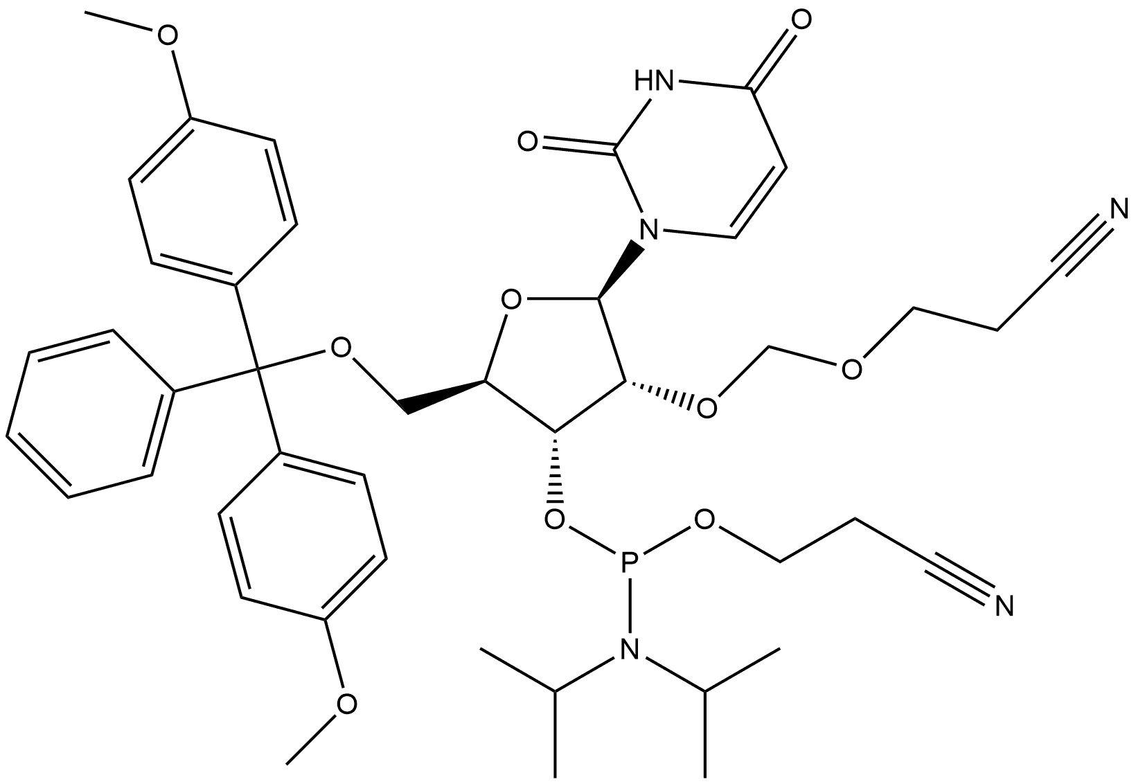 Uridine, 5'-O-[bis(4-methoxyphenyl)phenylmethyl]-2'-O-[(2-cyanoethoxy)methyl]-, 3'-[2-cyanoethyl N,N-bis(1-methylethyl)phosphoramidite] Struktur