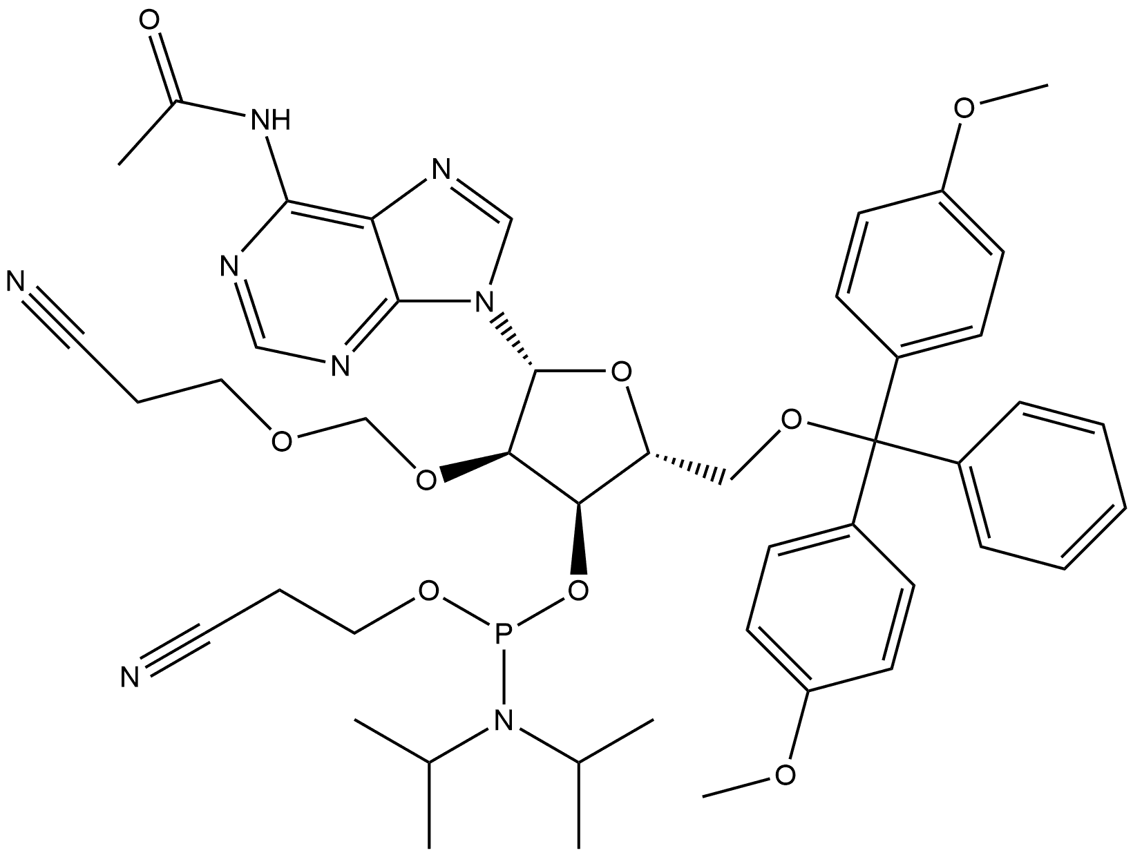 Adenosine, N-acetyl-5'-O-[bis(4-methoxyphenyl)phenylmethyl]-2'-O-[(2-cyanoethoxy)methyl]-, 3'-[2-cyanoethyl N,N-bis(1-methylethyl)phosphoramidite] Struktur