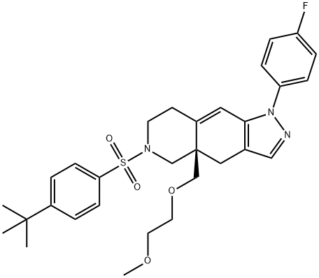 1H-Pyrazolo[3,4-g]isoquinoline, 6-[[4-(1,1-dimethylethyl)phenyl]sulfonyl]-1-(4-fluorophenyl)-4,4a,5,6,7,8-hexahydro-4a-[(2-methoxyethoxy)methyl]-, (4aR)- Struktur