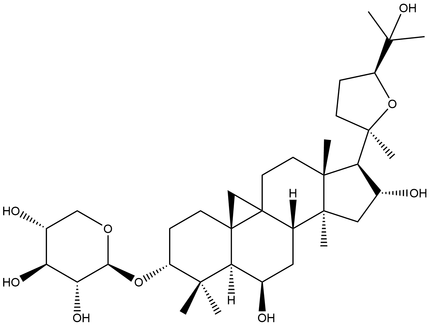 β-D-Xylopyranoside, (3β,6α,16β,20R,24S)-20,24-epoxy-6,16,25-trihydroxy-9,19-cyclolanostan-3-yl Struktur