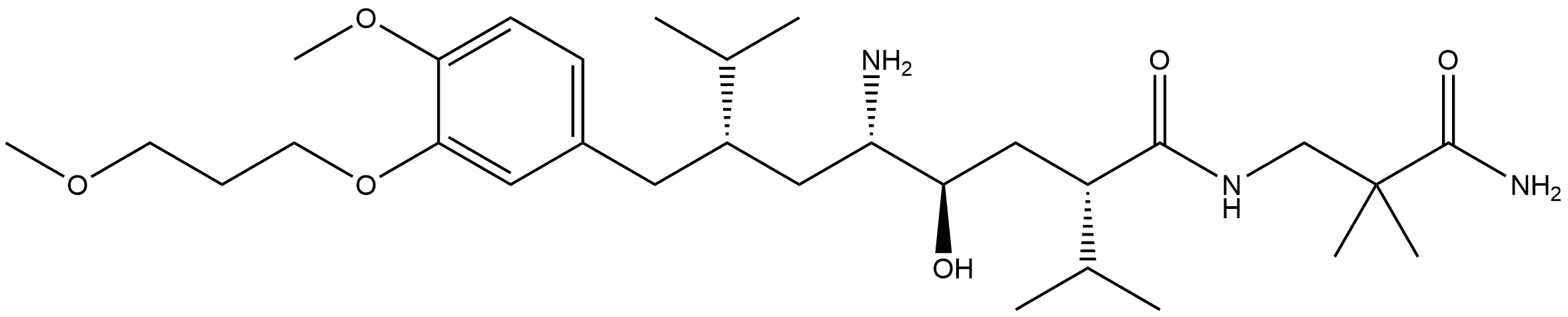 Benzeneoctanamide, δ-amino-N-(3-amino-2,2-dimethyl-3-oxopropyl)-γ-hydroxy-4-methoxy-3-(3-methoxypropoxy)-α,ζ-bis(1-methylethyl)-, (αS,δS,γR,ζS)- Struktur