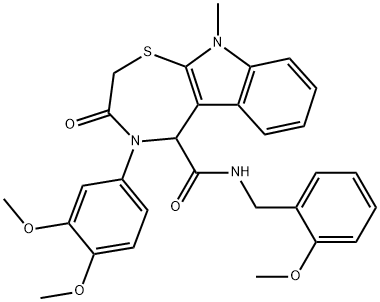 2H-1,4-Thiazepino[7,6-b]indole-5-carboxamide, 4-(3,4-dimethoxyphenyl)-3,4,5,10-tetrahydro-N-[(2-methoxyphenyl)methyl]-10-methyl-3-oxo- Struktur