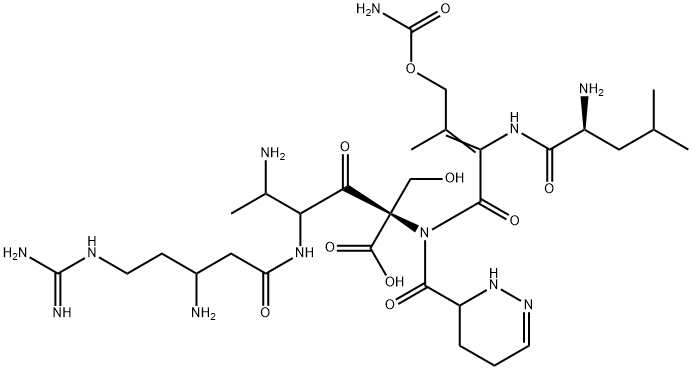 L-Serine, 3-amino-2-[[3-amino-5-[(aminoiminomethyl)amino]-1-oxopentyl]amino]butanoyl-2,3,4,5-tetrahydro-3-pyridazinecarbonyl-L-leucyl-4-[(aminocarbonyl)oxy]-2,3-didehydrovalyl- (9CI) Struktur