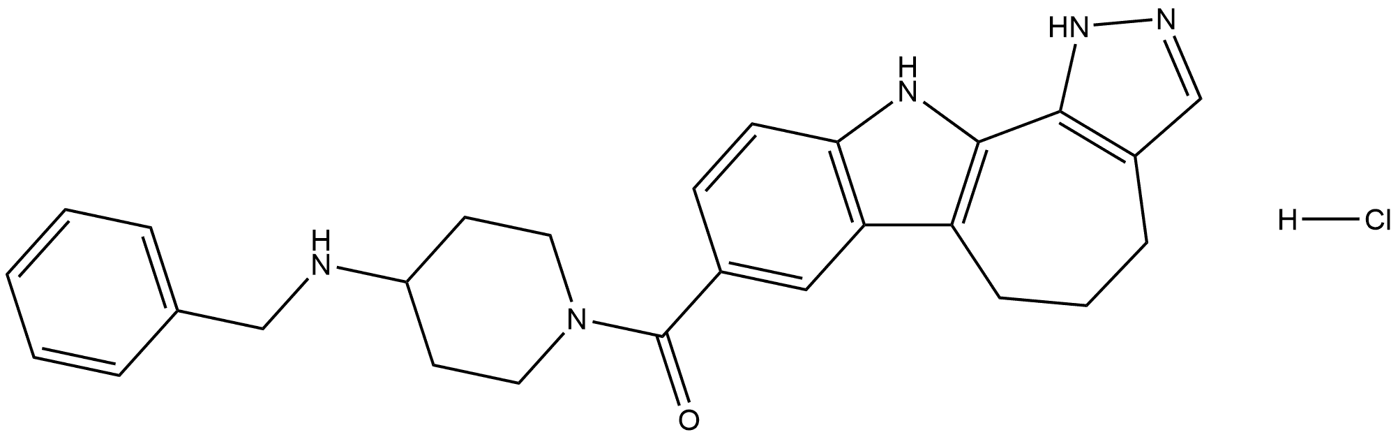 (4-(benzylamino)piperidin-1-yl)(4,5,6,11-tetrahydro-1H-pyrazolo[4',3':6,7]cyclohepta[1,2-b]indol-8-yl)methanone hydrochloride Struktur