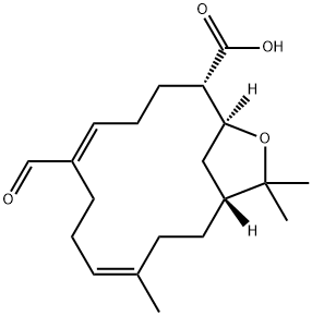 14-Oxabicyclo[11.2.1]hexadeca-4,8-diene-12-carboxylic acid, 8-formyl-4,15,15-trimethyl-, (1R,4Z,8E,12S,13S)- Struktur