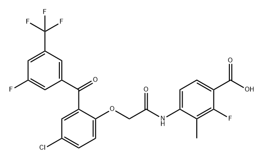 Benzoic acid, 4-[[2-[4-chloro-2-[3-fluoro-5-(trifluoromethyl)benzoyl]phenoxy]acetyl]amino]-2-fluoro-3-methyl- Struktur