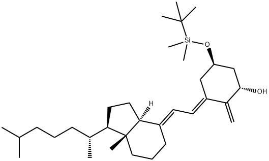 Cyclohexanol, 5-[[(1,1-dimethylethyl)dimethylsilyl]oxy]-3-[(2E)-2-[(1R,3aS,7aR)-1-[(1R)-1,5-dimethylhexyl]octahydro-7a-methyl-4H-inden-4-ylidene]ethylidene]-2-methylene-, (1S,3E,5R)- Struktur