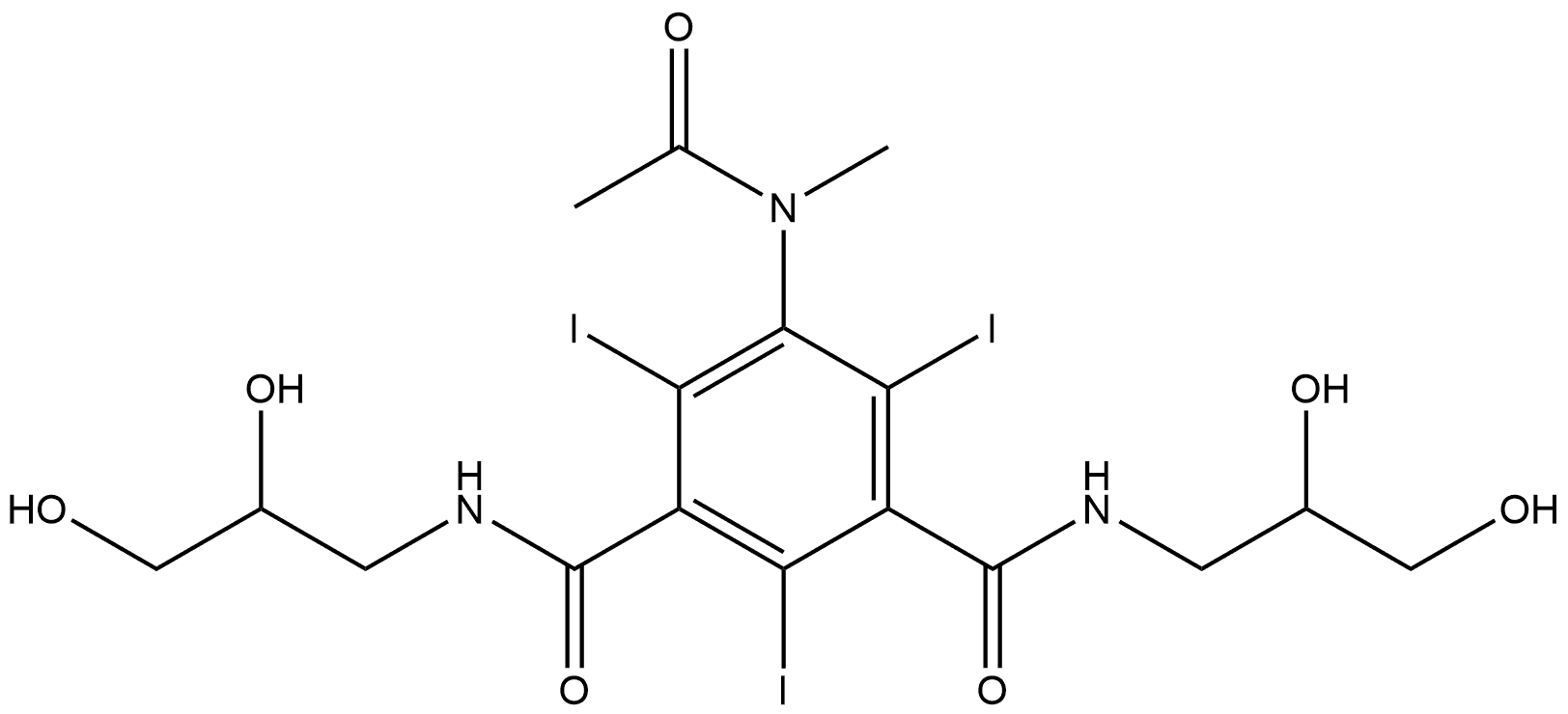 1,3-Benzenedicarboxamide, 5-(acetylmethylamino)-N1,N3-bis(2,3-dihydroxypropyl)-2,4,6-triiodo- Struktur