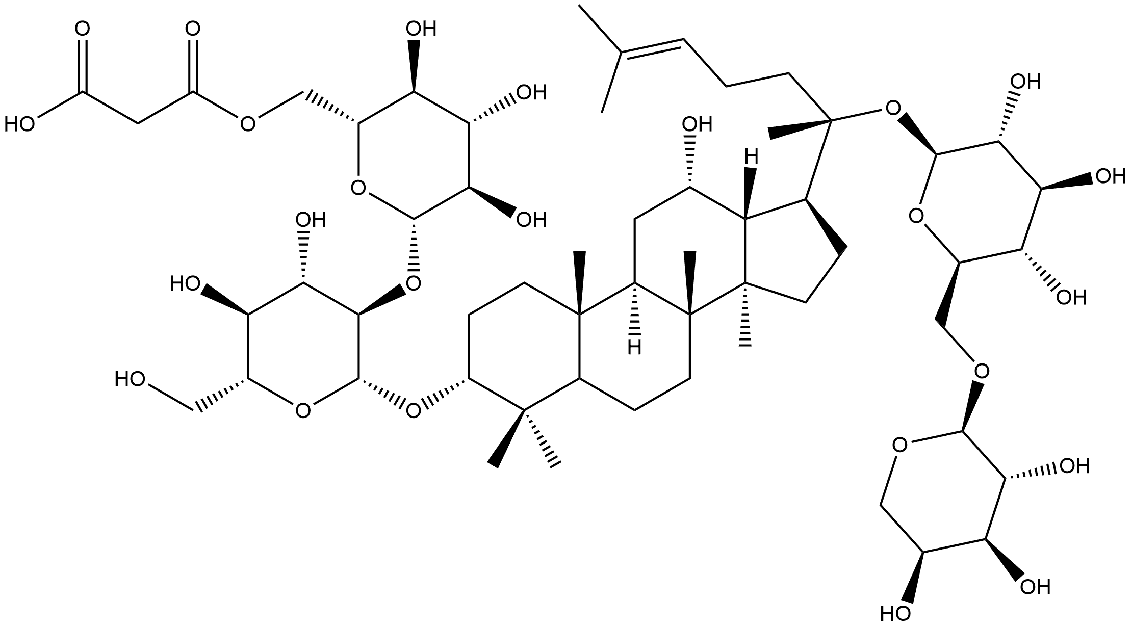 β-D-Glucopyranoside, (3β,12β)-20-[(6-O-α-L-arabinopyranosyl-β-D-glucopyranosyl)oxy]-12-hydroxydammar-24-en-3-yl 2-O-[6-O-(2-carboxyacetyl)-β-D-glucopyranosyl]- Struktur