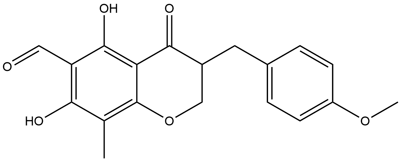 2H-1-Benzopyran-6-carboxaldehyde, 3,4-dihydro-5,7-dihydroxy-3-[(4-methoxyphenyl)methyl]-8-methyl-4-oxo-, (-)- Struktur