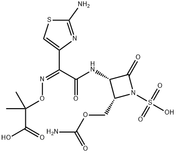 Propanoic acid, 2-[[(Z)-[2-[[(2S,3S)-2-[[(aminocarbonyl)oxy]methyl]-4-oxo-1-sulfo-3-azetidinyl]amino]-1-(2-amino-4-thiazolyl)-2-oxoethylidene]amino]oxy]-2-methyl- Struktur